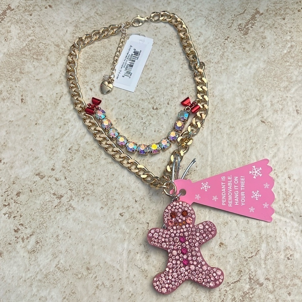 Betsey Johnson Rhinestone gingerbread man necklace NEW